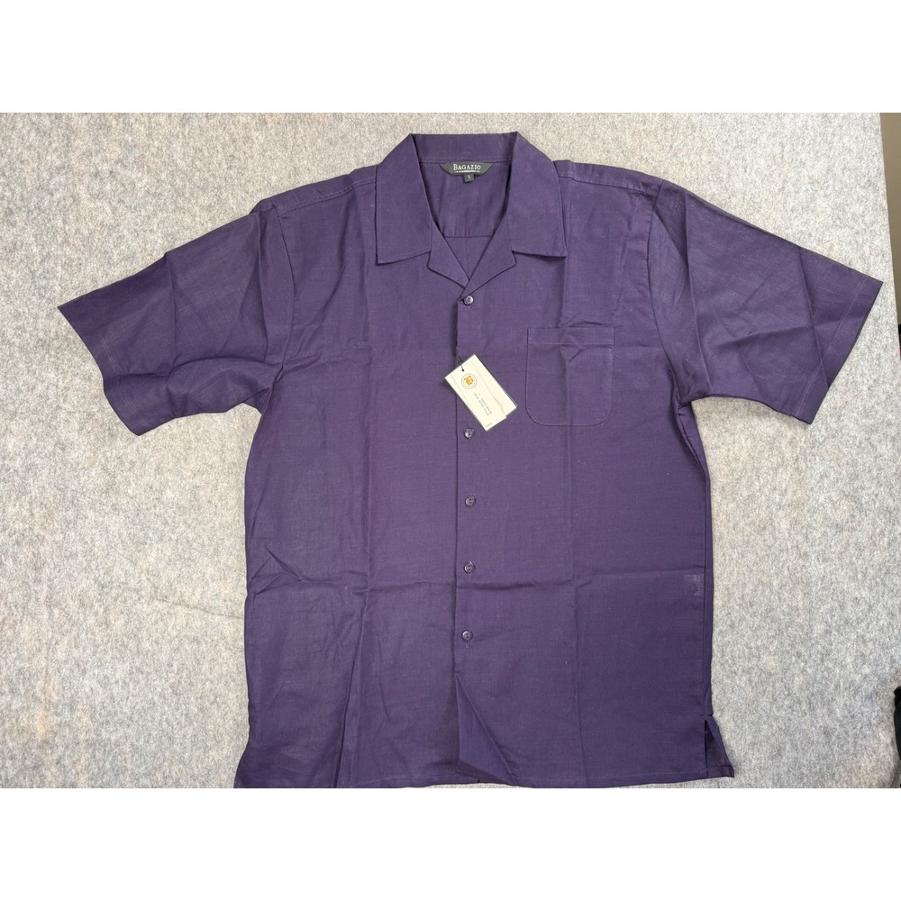 Bagazio Shirt Mens Large Purple Ramie Cotton Short Sleeve Camp Collar Casual New